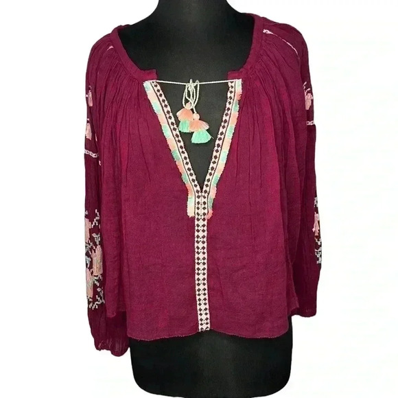 Free People One Boho Flowy Embroidered Cropped Blouse Size XS - Picture 1 of 8